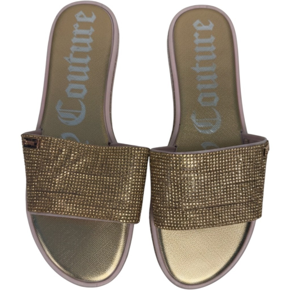 Juicy Couture Yummy Rose Gold Rhinestone Slide‎ Sandals Pink Metallic Womens 11